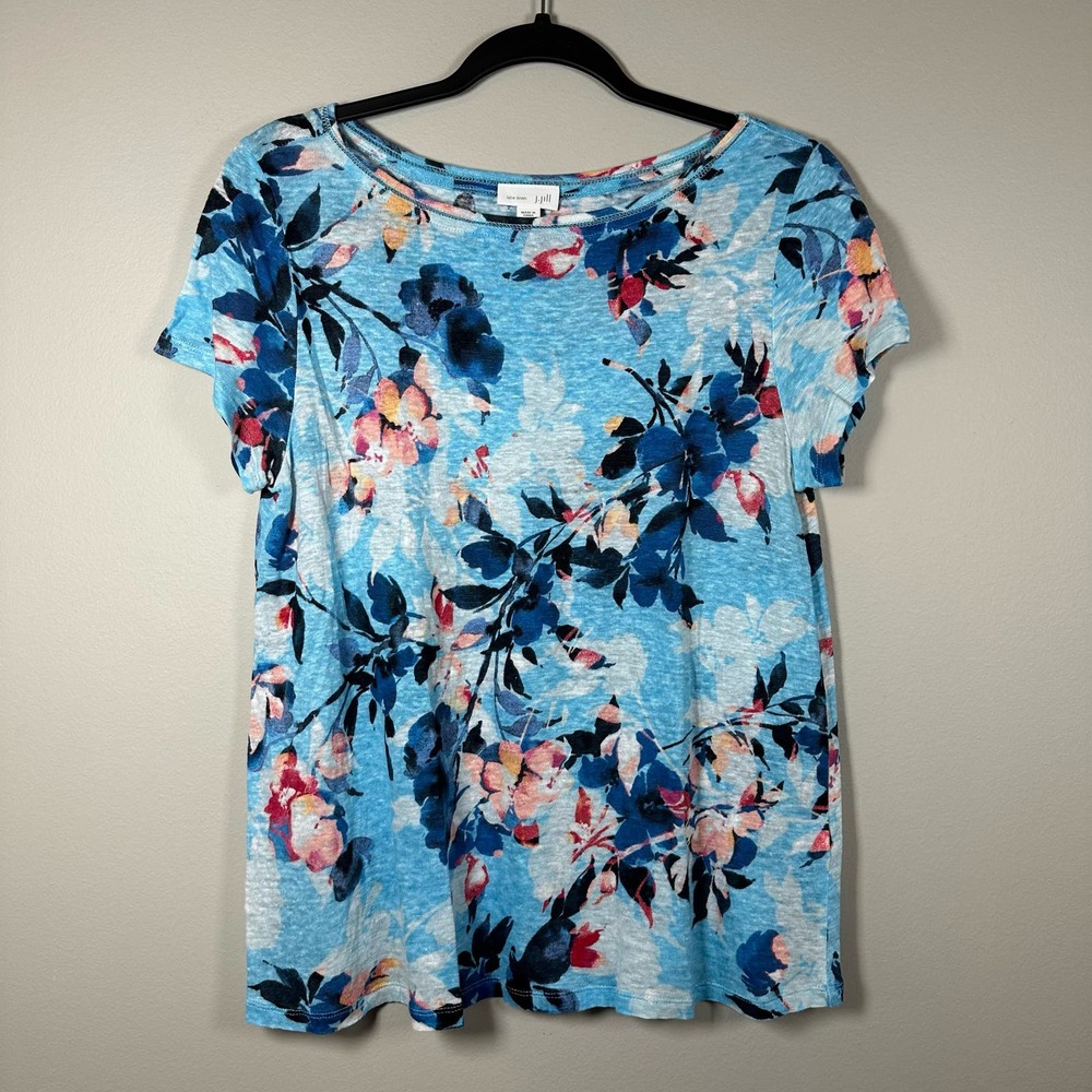 J. Jill Small 100%‎ Linen Blue Floral Short Sleeve Shirt
